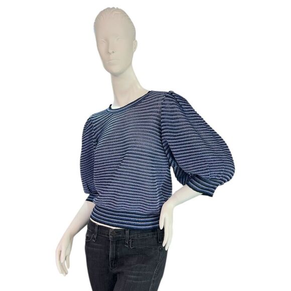 RED Valentino Garavani Puff Sleeve Top Blue Purple Striped Metallic Mesh $495 M